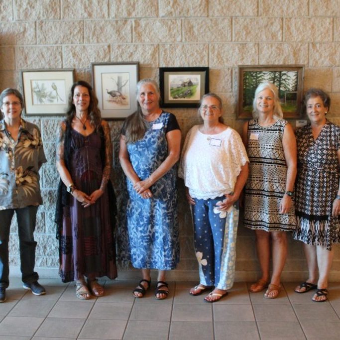 Photo by Shari Harris From left, Texas County Museum of Art & History Director Sandy Campbell and artists Brenda Kaiser, Patty Burmeister, Billie Jean Blaylock, Tana Kettner and Janis Rensch.