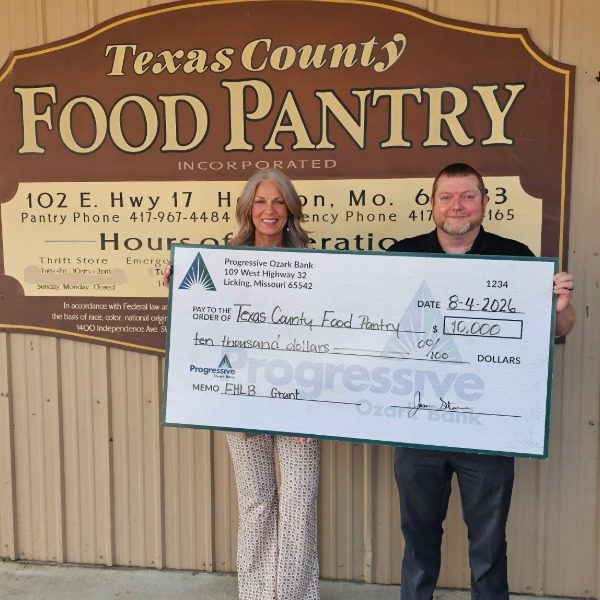 Photo submitted
Laura Crowley, Director, Texas County Food Pantry, accepted a check from Jason Stone, VP & Manager, Progressive Ozark Bank.